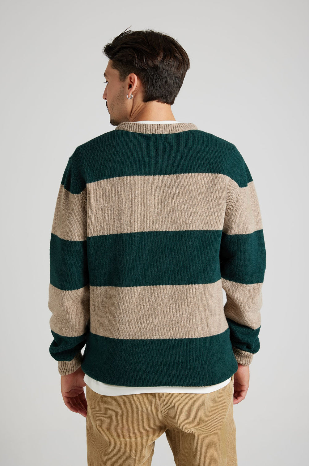 Person wearing a Sella Knit sweater in Pine Green and Nomad Brown, shown from the back view. | TP_IMAGE_TYPE=MODEL_BACK