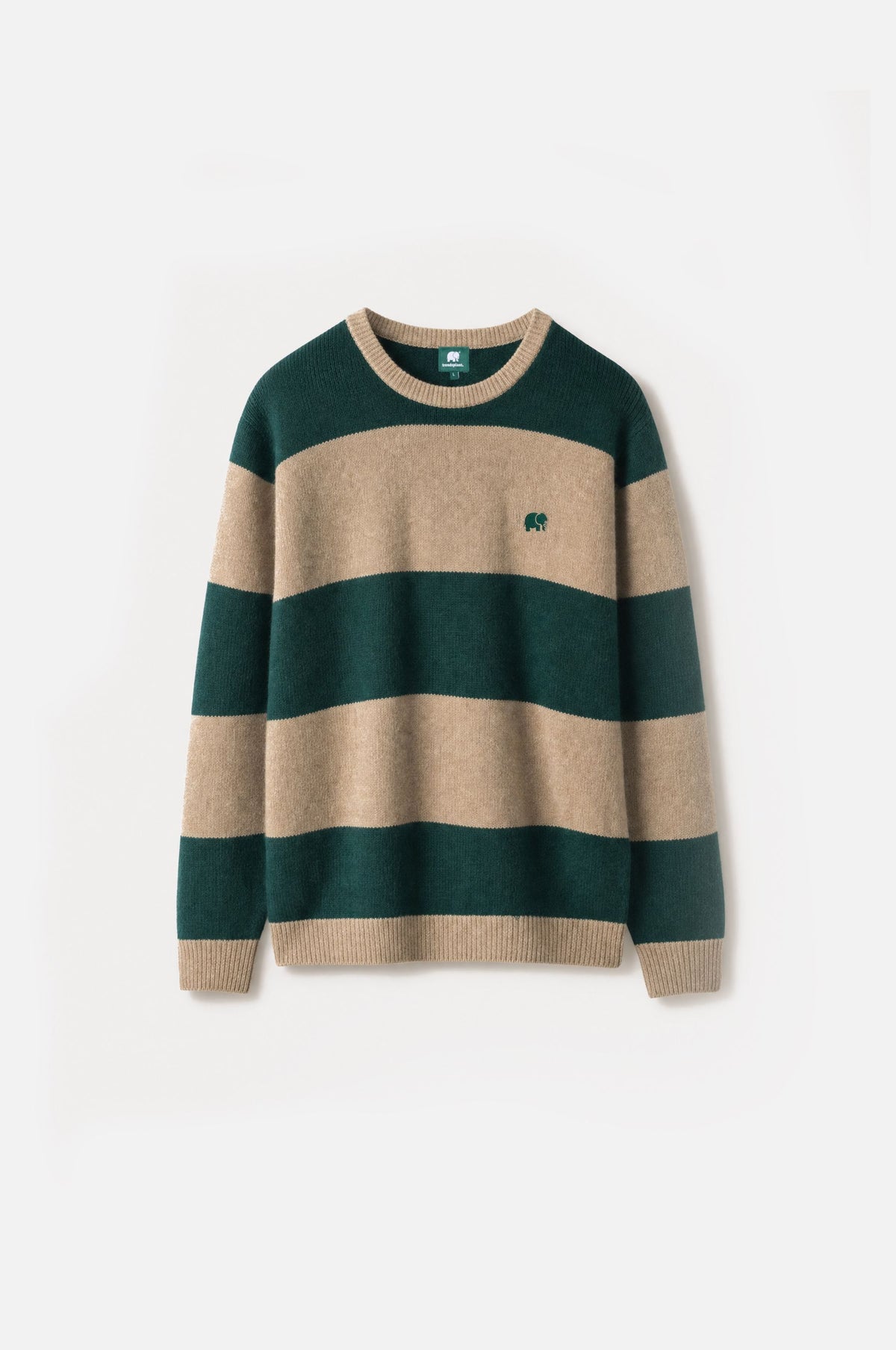Sella Knit in Pine Green e Nomad Brown con righe orizzontali, con scollo rotondo e un piccolo logo sul petto. | TP_IMAGE_TYPE=SILHOUETTE_FRONT