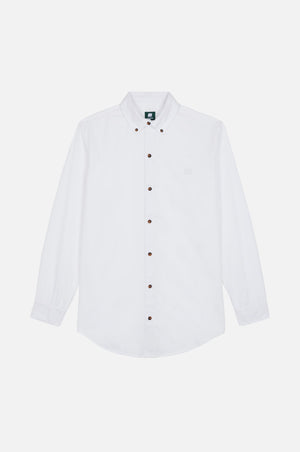 Postiguet Pigment Dyed Twill Shirt in Bright White, con bottoni sul davanti e colletto classico, mostrata distesa | TP_IMAGE_TYPE=SILHOUETTE_FRONT