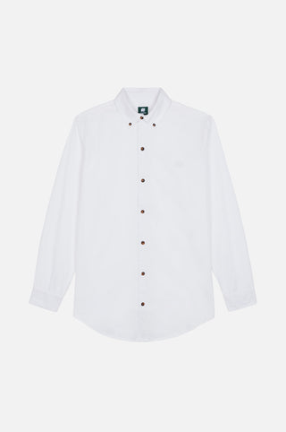 Postiguet Pigment Dyed Twill Shirt in Bright White, con bottoni sul davanti e colletto classico, mostrata distesa | TP_IMAGE_TYPE=SILHOUETTE_FRONT