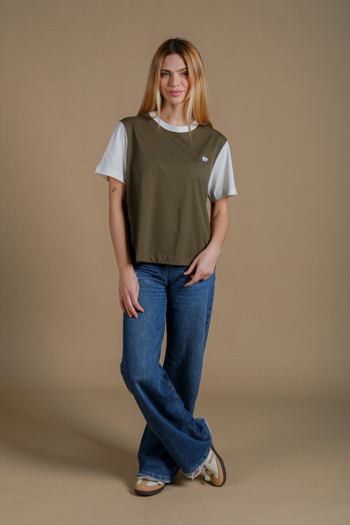 Women's Color Block T-Shirt Dark Olive/Natural