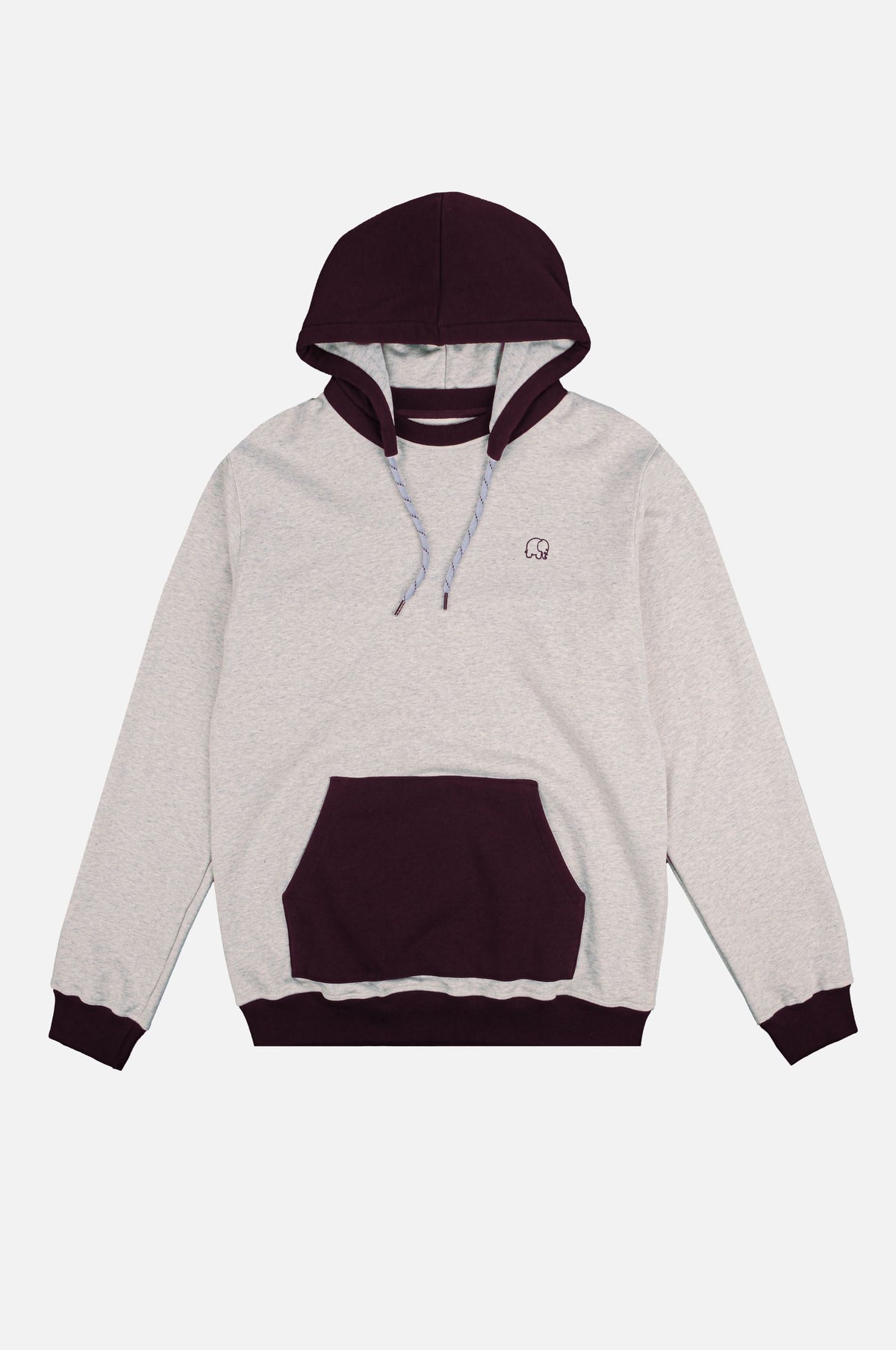 Le Sweatshirt Oversize à Capuche en Gris Chiné Chaud avec des accents Rouge Vin, avec poche kangourou sur le devant et capuche à cordon de serrage | TP_IMAGE_TYPE=SILHOUETTE_FRONT