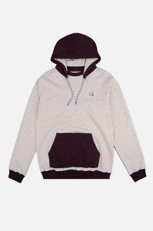 La felpa oversize con cappuccio in Warm Heather Grey con dettagli Wine Red, con tasca a marsupio frontale e cappuccio con coulisse | TP_IMAGE_TYPE=SILHOUETTE_FRONT