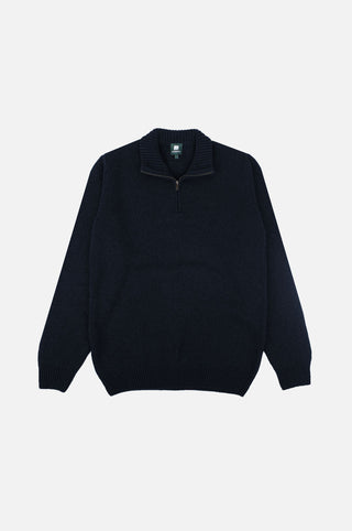 Bernia Quarter Zip Knit en bleu océan, montrant la vue de face du pull avec un col à fermeture zippée. | TP_IMAGE_TYPE=SILHOUETTE_FRONT