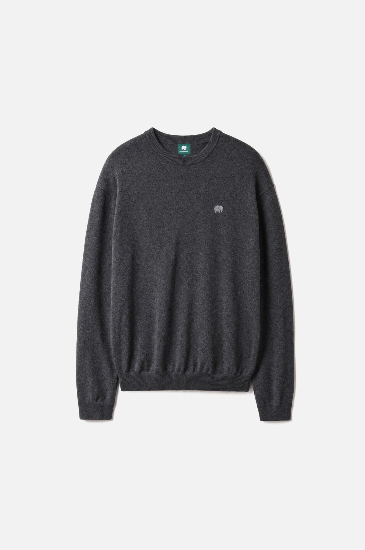 Maglione Tarbena Knit Charcoal mostrato su una superficie piana, con il classico design a girocollo e il discreto logo elefante. | TP_IMAGE_TYPE=SILHOUETTE_FRONT