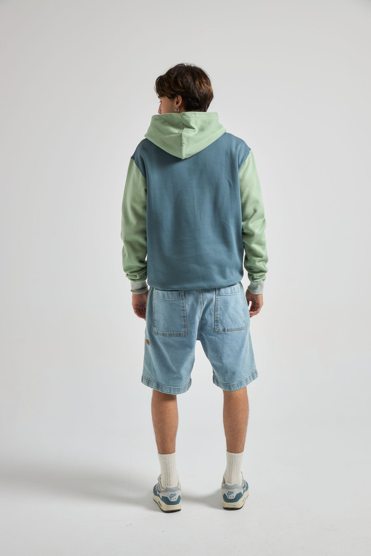 Persona che indossa una Color Block Hoodie Deep Spruce, vista posteriore | TP_IMAGE_TYPE=MODEL_BACK