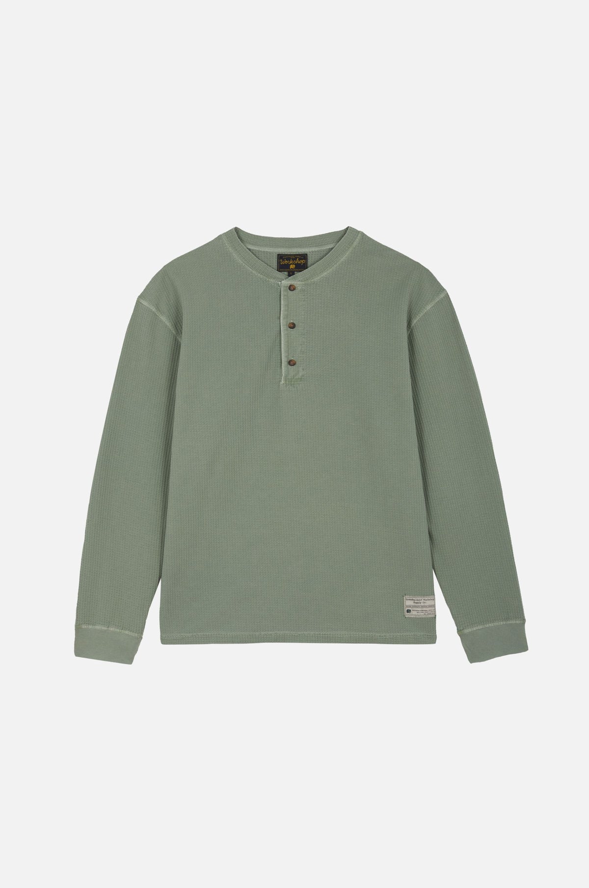 Silhouette de face d'un henley à manches longues en gaufre Hedge Green | TP_IMAGE_TYPE=SILHOUETTE_FRONT