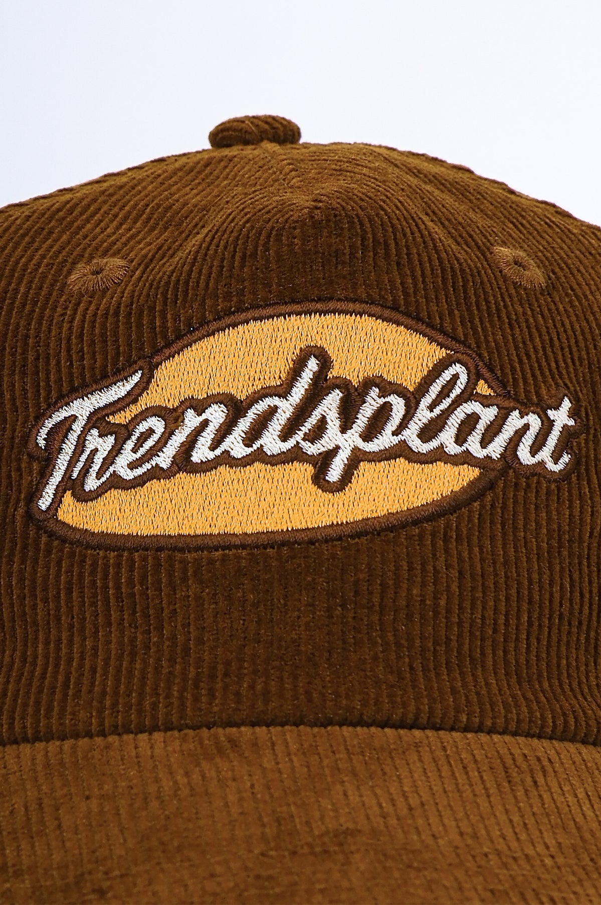 Vue de détail de la casquette Timber Corduroy Cap en Caramel Brown montrant le logo brodé | TP_IMAGE_TYPE=DETAIL