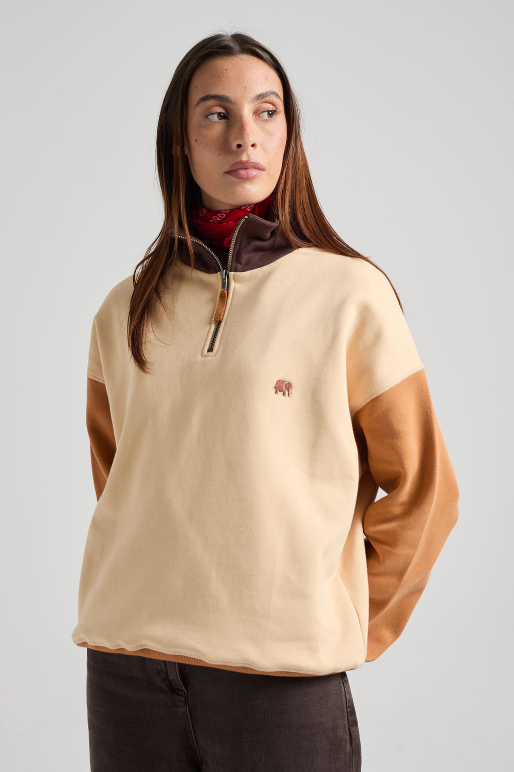 Persona che indossa una felpa da donna Color Block con mezza zip in grigio sabbia, con maniche a contrasto marroni e sabbia, in posa pensierosa su uno sfondo neutro. | TP_IMAGE_TYPE=MODEL_FRONT