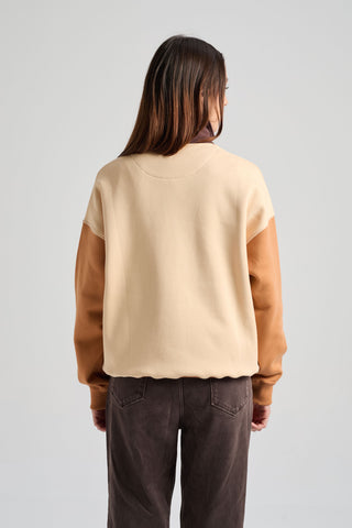 Persona che indossa una Women's Color Block Quarter Zip Sweatshirt in Gray Sand, vista posteriore con maniche Color Block. | TP_IMAGE_TYPE=MODEL_BACK