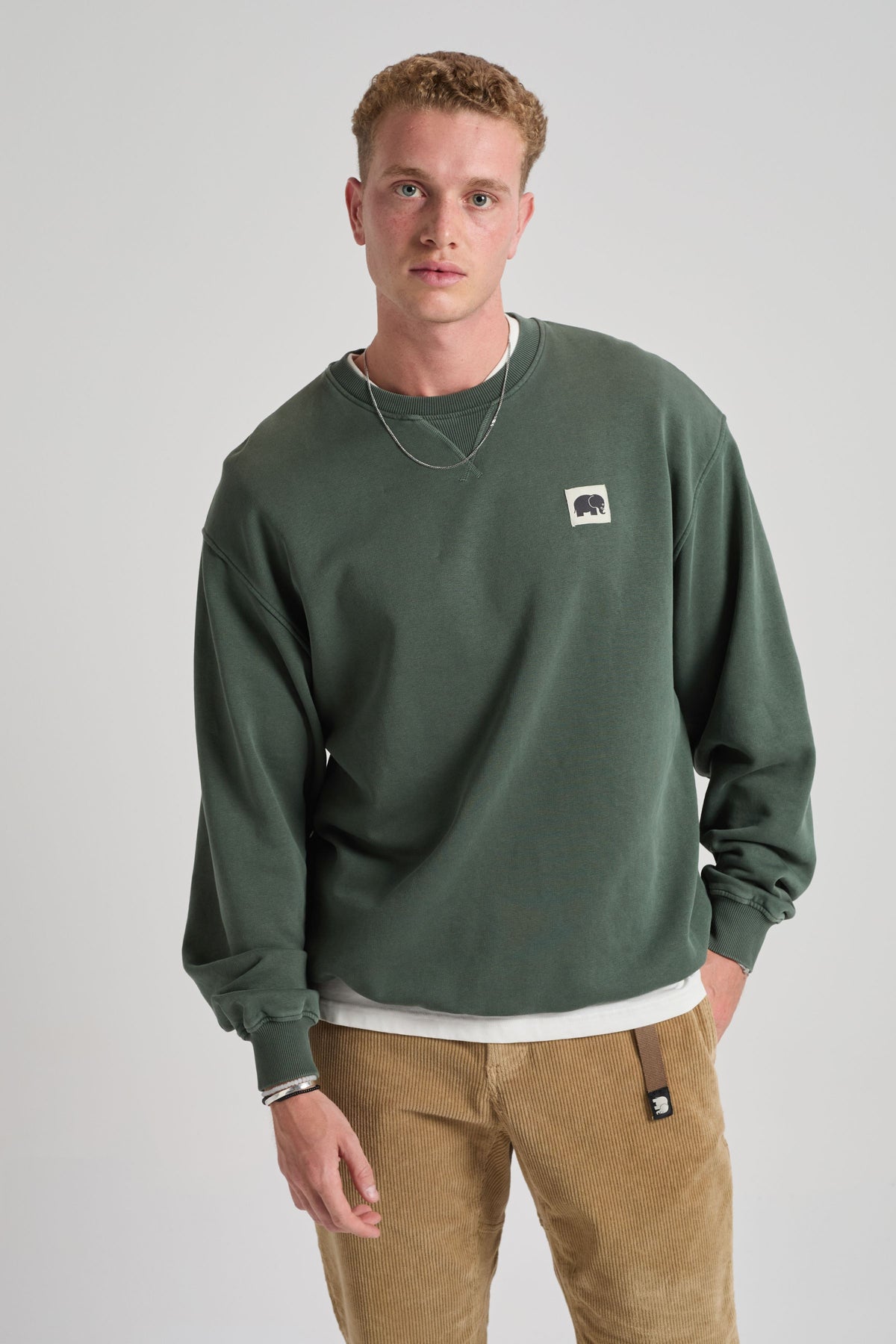 Personne portant un sweat-shirt vert avec un petit logo sur un fond uni. TP_IMAGE_TYPE=MODEL_FRONT