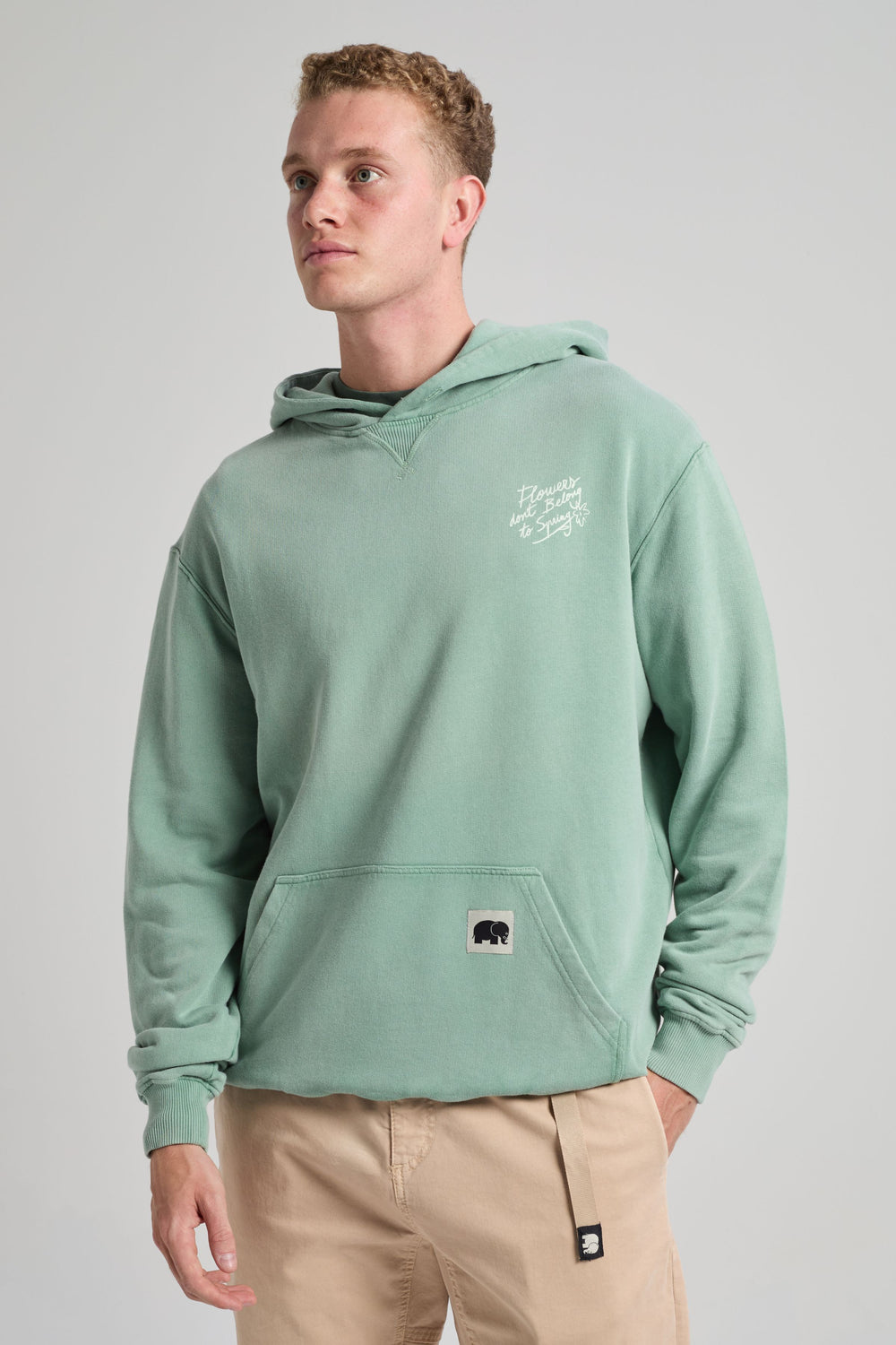 Persona che indossa Flowers Hoodie Vintage Sage, con tasca canguro frontale e vestibilità ampia, abbinato in modo casual a pantaloni chiari. | TP_IMAGE_TYPE=MODEL_FRONT