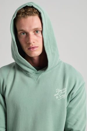 Persona che indossa una Flowers Hoodie color Vintage Sage, con cappuccio con coulisse e testo ricamato. | TP_IMAGE_TYPE=MODEL_FRONT