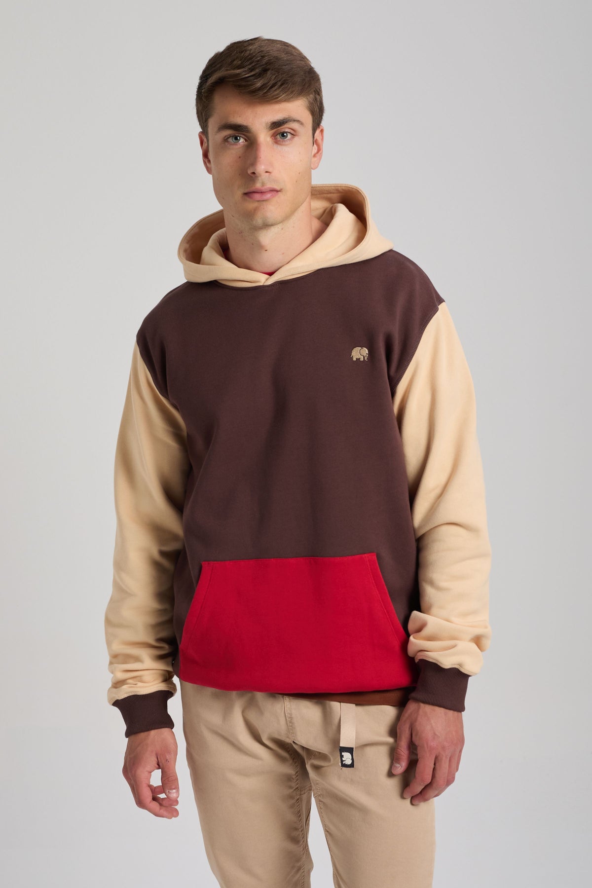 Personne portant un Color Block Hoodie en Solemnity Brown avec une poche rouge et des manches beige clair. | TP_IMAGE_TYPE=MODEL_FRONT