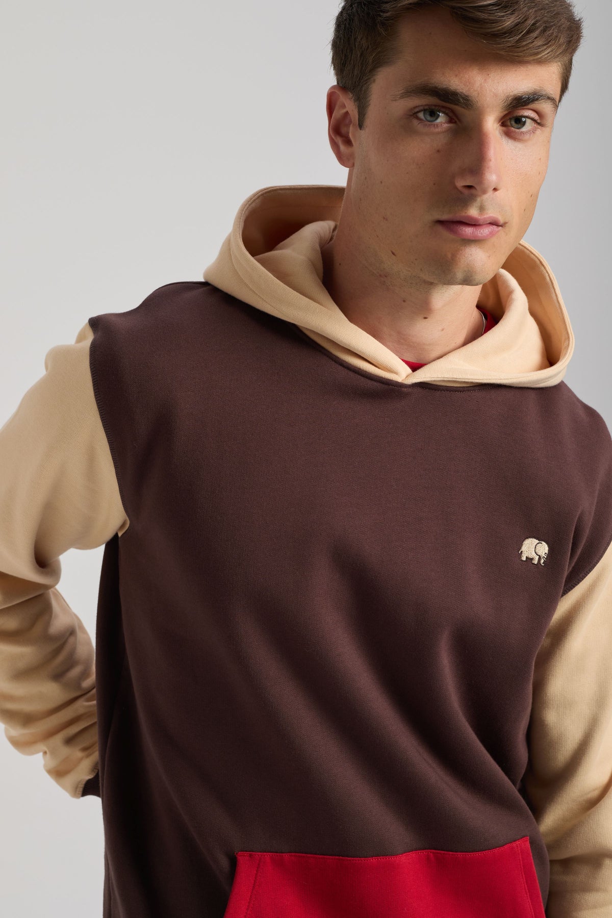 Personne portant un Color Block Hoodie en Solemnity Brown, avec un design bicolore, une capuche beige et une poche rouge | TP_IMAGE_TYPE=MODEL_FRONT