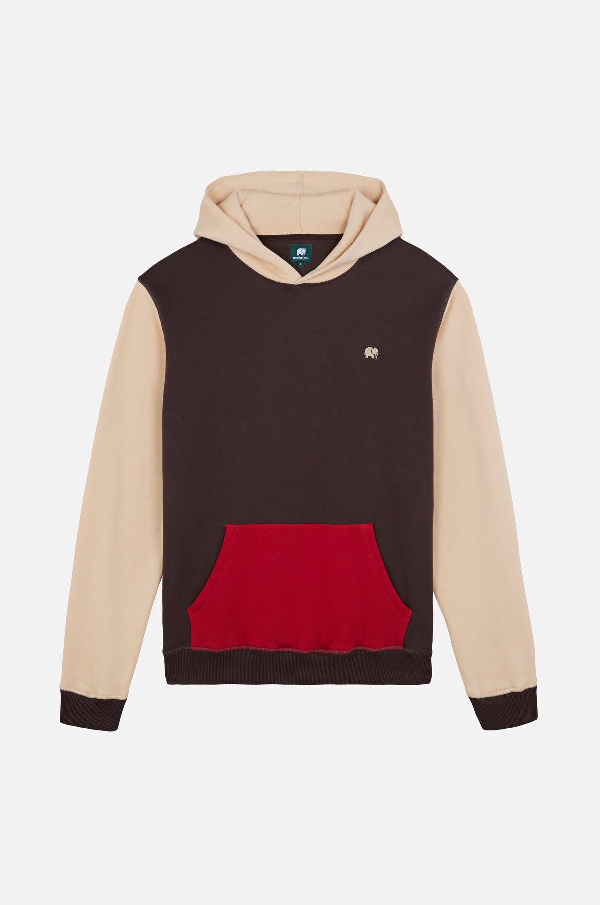 Color Block Hoodie en Solemnity Brown avec une poche rouge contrastée, arborant un design stylé idéal pour une tenue décontractée | TP_IMAGE_TYPE=SILHOUETTE_FRONT