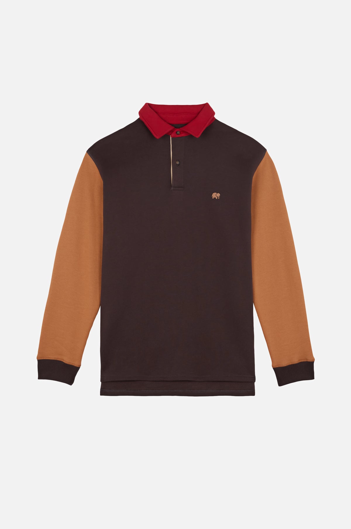 Color Block Polo Sweatshirt en coloris Solemnity Brown, avec manches contrastantes et col rouge, présenté à plat | TP_IMAGE_TYPE=SILHOUETTE_FRONT