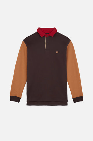Color Block Polo Sweatshirt in Solemnity Brown con maniche a contrasto e colletto rosso, presentato in formato flat lay | TP_IMAGE_TYPE=SILHOUETTE_FRONT
