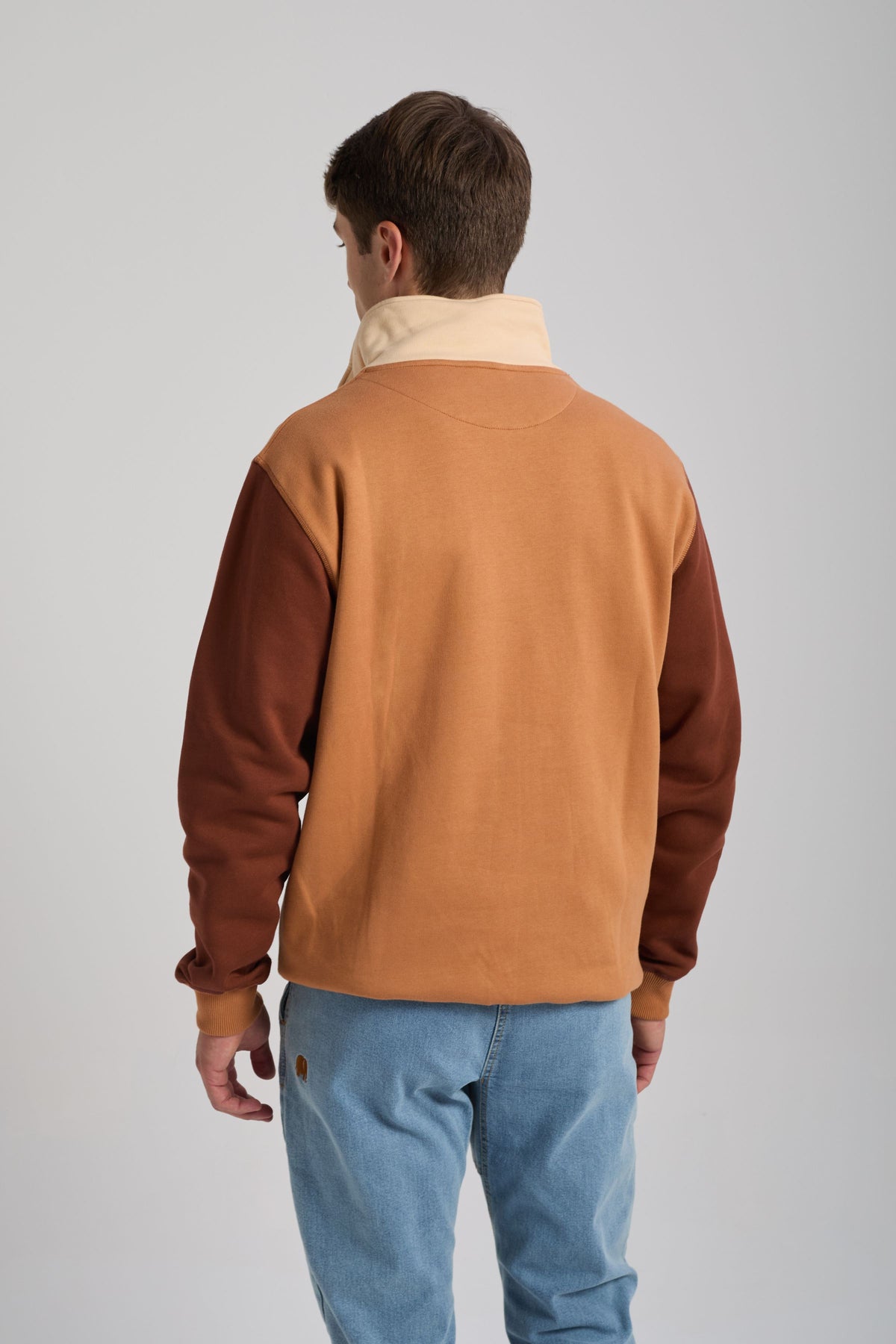 Personne portant un sweat-shirt à demi-zip color block coloris cashew, vue de dos | TP_IMAGE_TYPE=MODEL_BACK