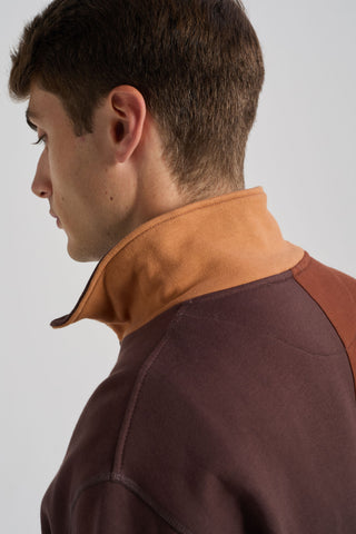 Persona che indossa una felpa quarter zip Color Block in Cherry Mahogany con colletto a contrasto nei toni mogano e marrone, per un look elegante e moderno. | TP_IMAGE_TYPE=MODEL_BACK
