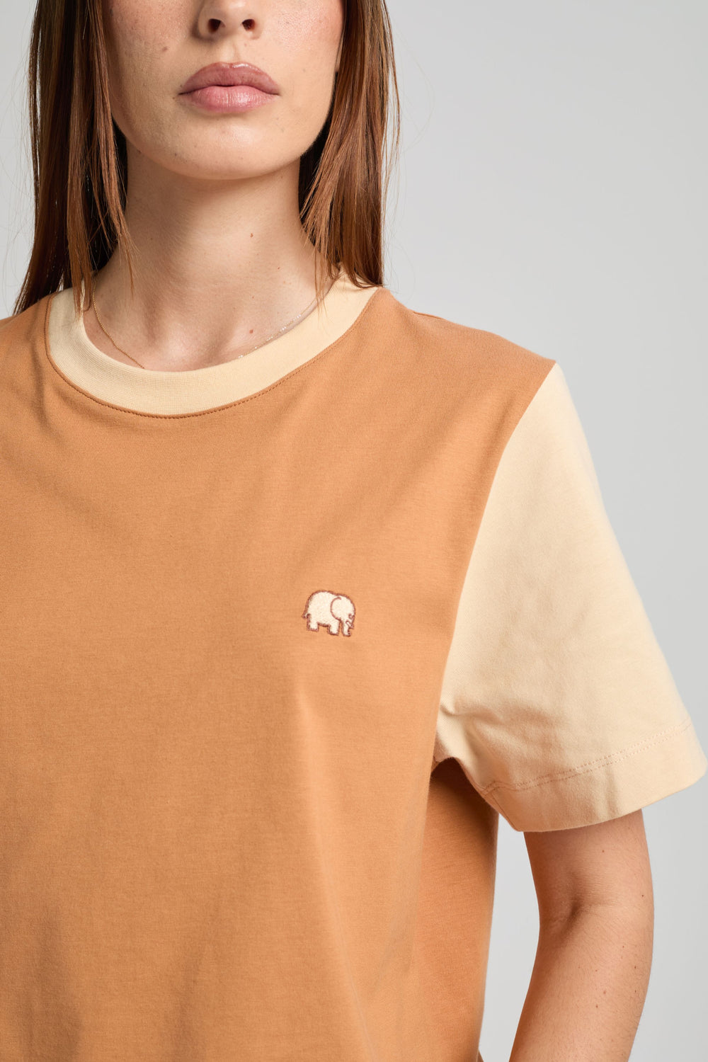 Personne portant un t-shirt femme color block en cashew avec un détail éléphant brodé, manches courtes et coupe décontractée. | TP_IMAGE_TYPE=MODEL_FRONT