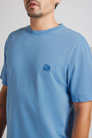 Close-up of a person wearing a blue short-sleeved T-shirt with a small chest graphic | TP_IMAGE_TYPE=DETAIL
