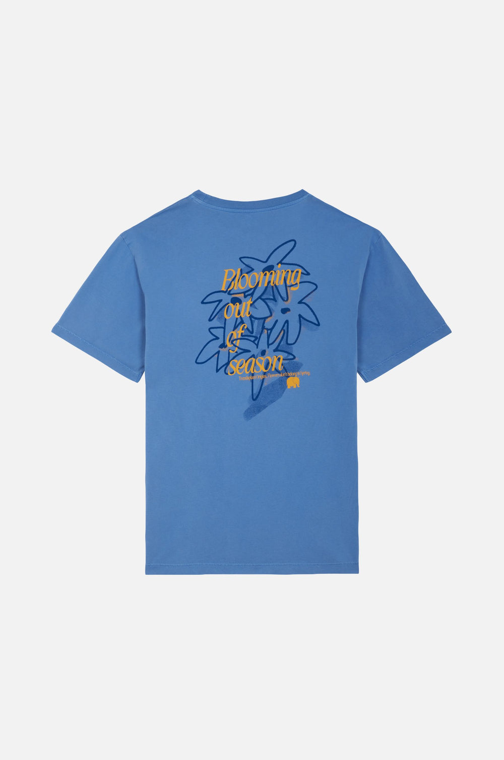 Bloom T-Shirt Ebb&Flow featuring a blue background with a floral design and text on the back | TP_IMAGE_TYPE=MODEL_BACK