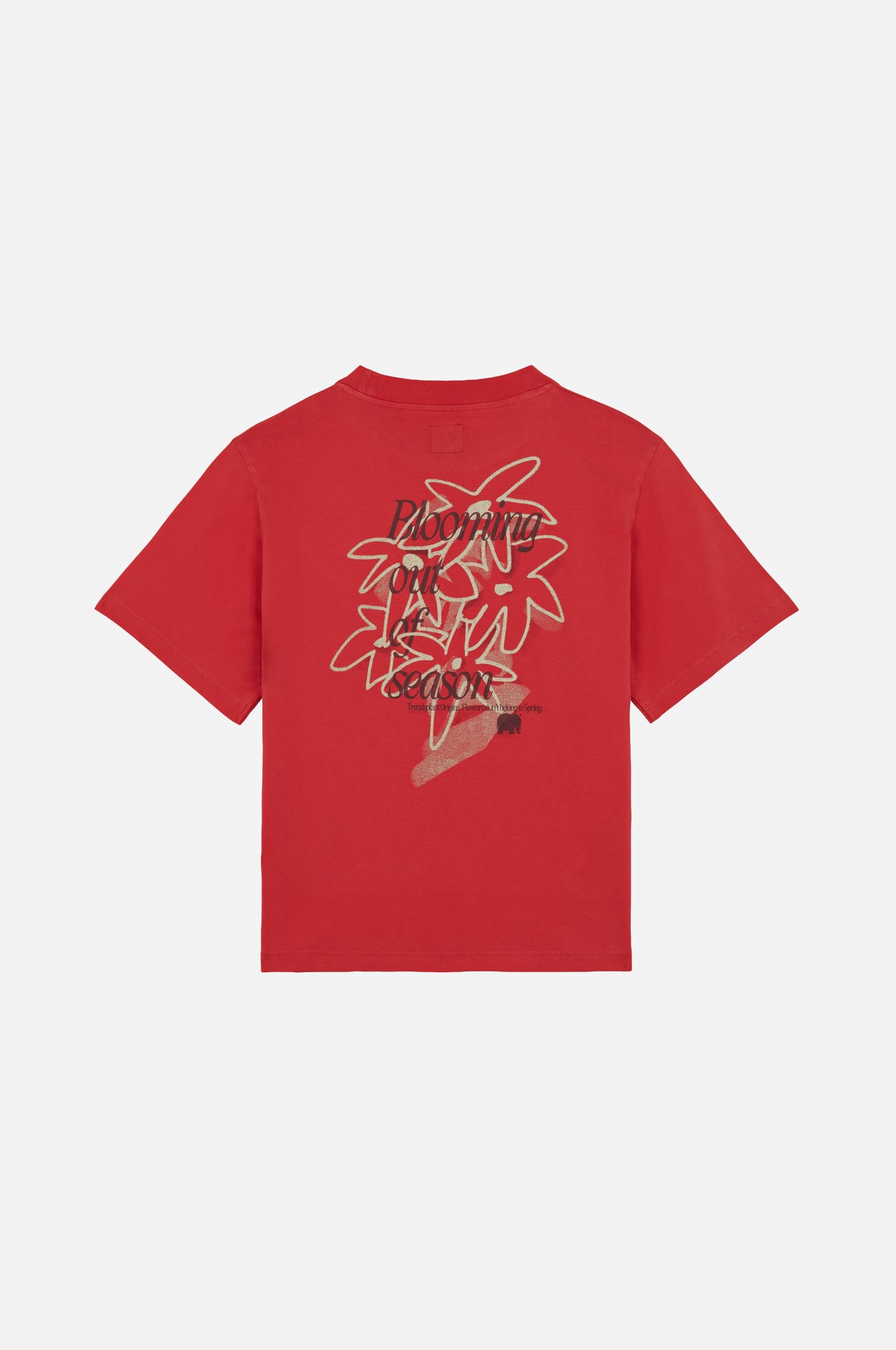 Vue de dos naturelle du Women’s Bloom T-Shirt en Poppy Red, avec un motif graphique floral. | TP_IMAGE_TYPE=MODEL_BACK