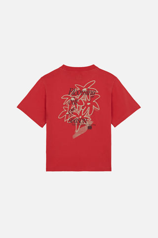 Vista posteriore naturale della Women’s Bloom T-Shirt in Poppy Red, con grafica floreale. | TP_IMAGE_TYPE=MODEL_BACK