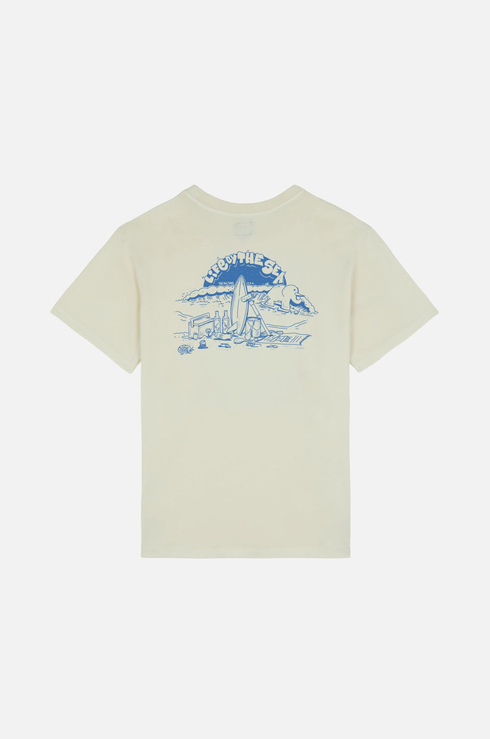 Life by the Sea VIII Antique White t-shirt featuring a vibrant blue graphic design on the back | TP_IMAGE_TYPE=MODEL_BACK