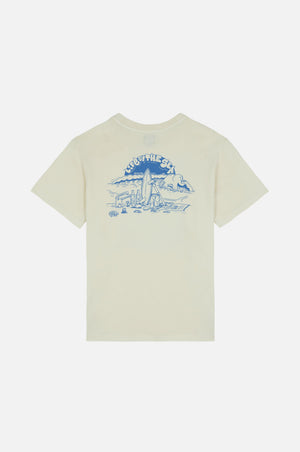 Life by the Sea VIII Antique White t-shirt featuring a vibrant blue graphic design on the back | TP_IMAGE_TYPE=MODEL_BACK