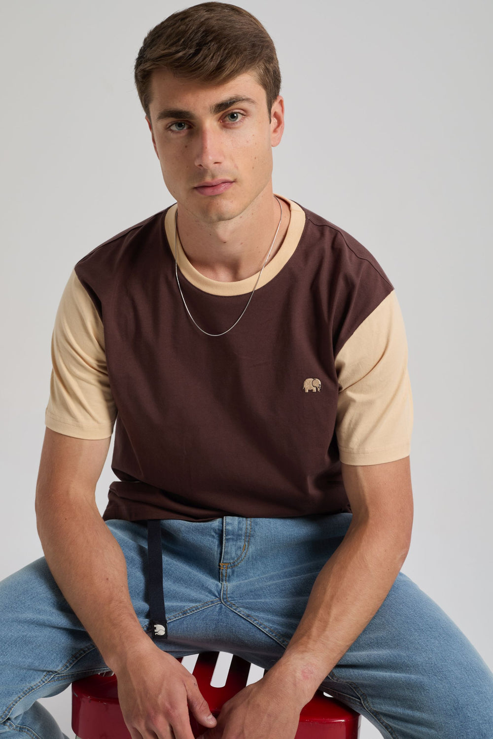 Person wearing a Color Block T-Shirt in Solemnity Brown with contrasting light brown sleeves, sitting on a red stool | TP_IMAGE_TYPE=MODEL_FRONT