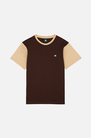 Color Block T-Shirt in Solemnity Brown with beige sleeves displayed upright against a white background | TP_IMAGE_TYPE=SILHOUETTE_FRONT