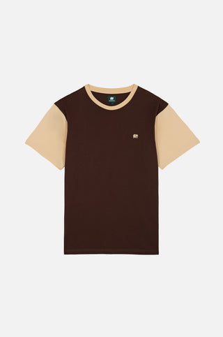 Color Block T-Shirt in Solemnity Brown with beige sleeves displayed upright against a white background | TP_IMAGE_TYPE=SILHOUETTE_FRONT