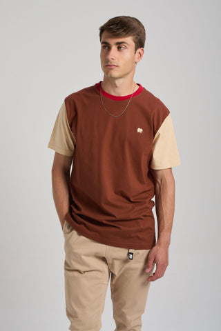 Person wearing a color block t-shirt in cherry mahogany, featuring short sleeves and a round neckline, styled with beige pants. | TP_IMAGE_TYPE=MODEL_FRONT