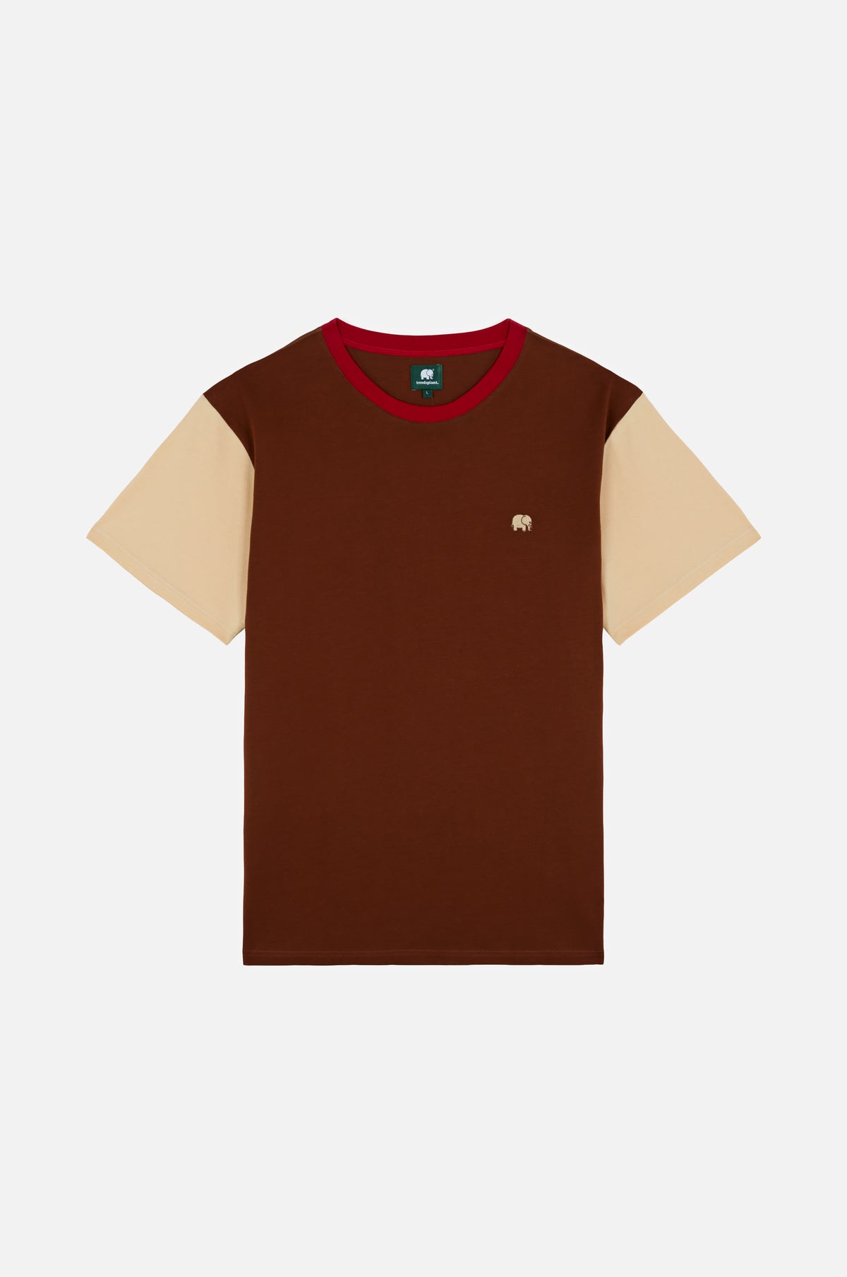 T-shirt Color Block en Cherry Mahogany avec une combinaison de manches brun riche et beige clair, idéal pour une tenue décontractée | TP_IMAGE_TYPE=SILHOUETTE_FRONT