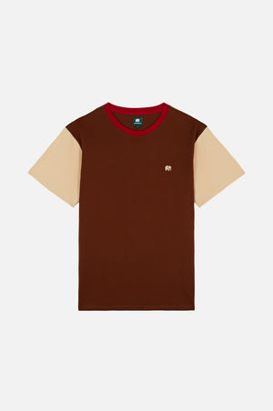 Color Block T-Shirt in Cherry Mahogany featuring a combination of rich brown and light beige sleeves, ideal for casual wear | TP_IMAGE_TYPE=SILHOUETTE_FRONT
