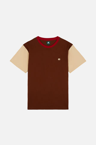 Color Block T-Shirt in Cherry Mahogany featuring a combination of rich brown and light beige sleeves, ideal for casual wear | TP_IMAGE_TYPE=SILHOUETTE_FRONT