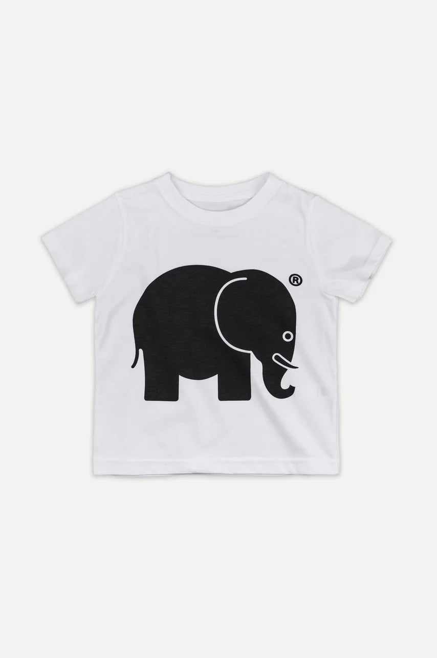 T-shirt classica biologica per bambini in bianco con grafica di un elefante nero | TP_IMAGE_TYPE=SILHOUETTE_FRONT