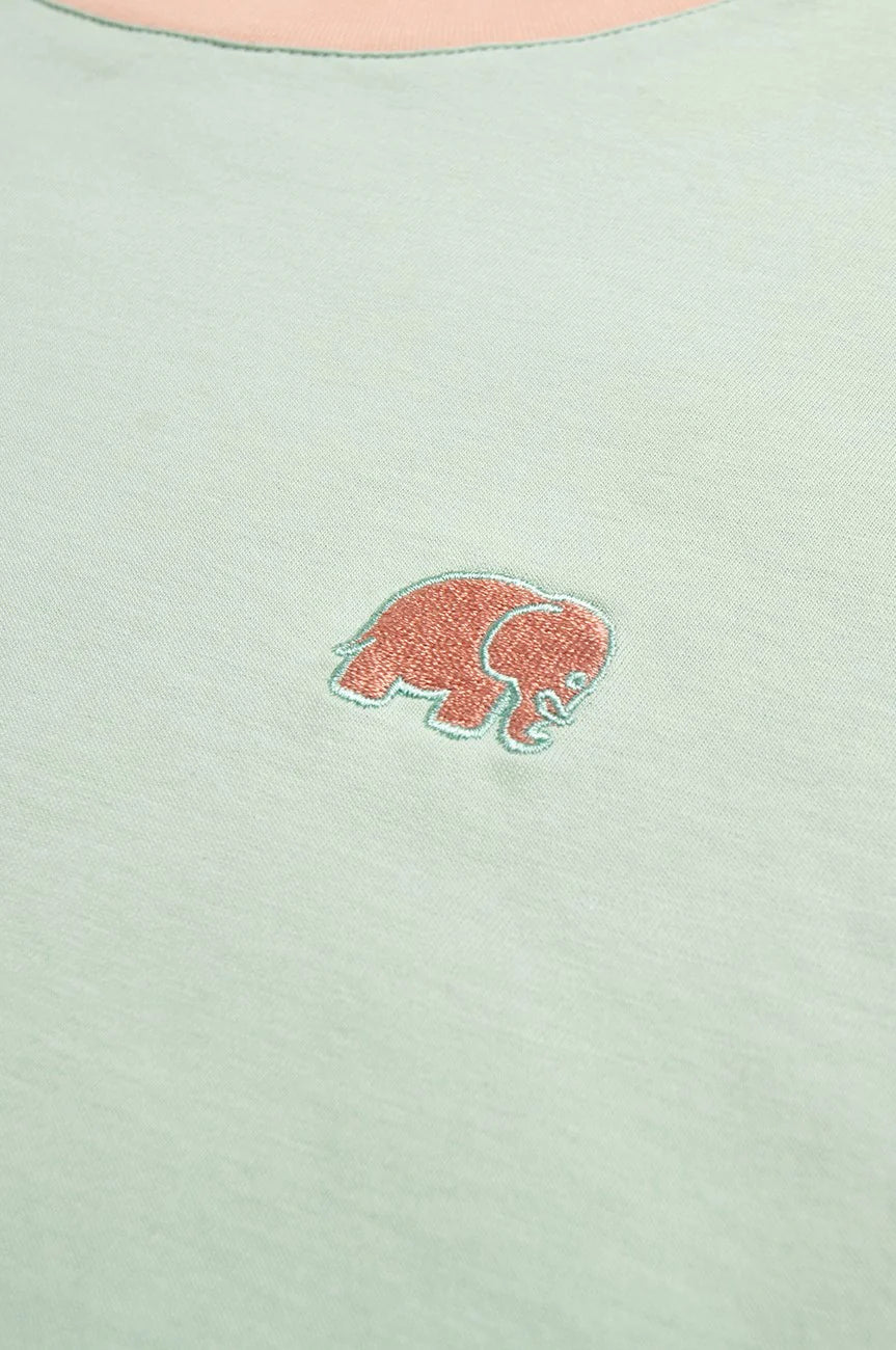 Dettaglio della t-shirt Color Block verde menta con disegno di elefante ricamato | TP_IMAGE_TYPE=DETAIL