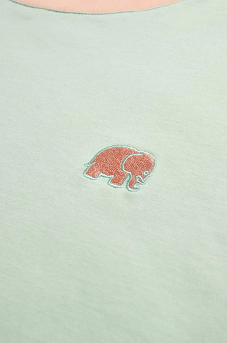Dettaglio della t-shirt Color Block verde menta con disegno di elefante ricamato | TP_IMAGE_TYPE=DETAIL