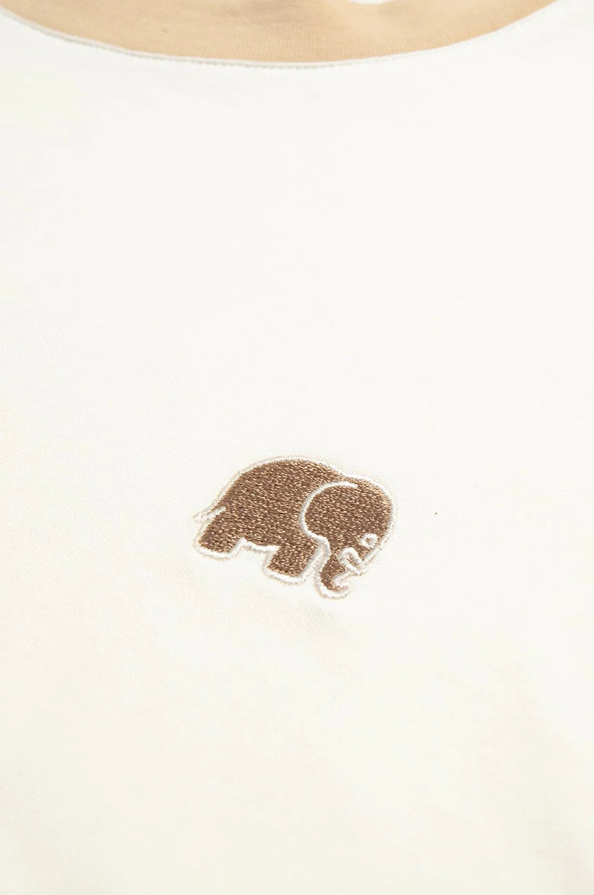 Dettaglio del tessuto della t-shirt Color Block Natural con design a elefante ricamato | TP_IMAGE_TYPE=DETAIL