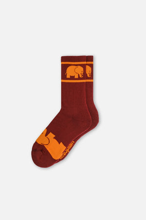 Calze sportive in cotone organico bordeaux con disegno di un elefante in arancione | TP_IMAGE_TYPE=SILHOUETTE_FRONT
