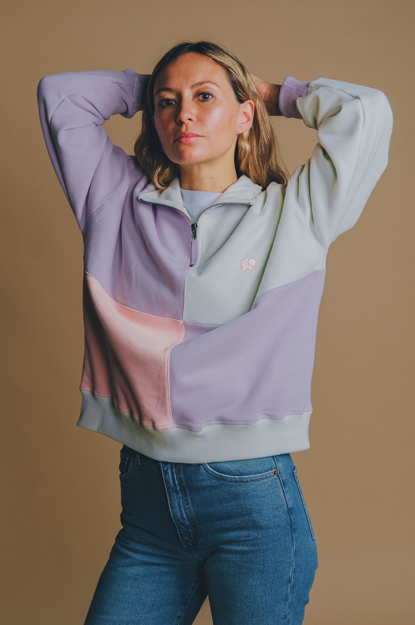 Sudadera Capucha Mujer Oversized Color Block Half Zip Lavender