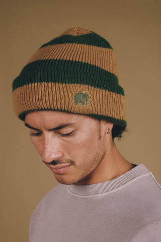 Personne portant le bonnet Montcabrer dans les coloris Emmerald et Dune, avec rayures horizontales et un logo éléphant brodé. | TP_IMAGE_TYPE=MODEL_FRONT