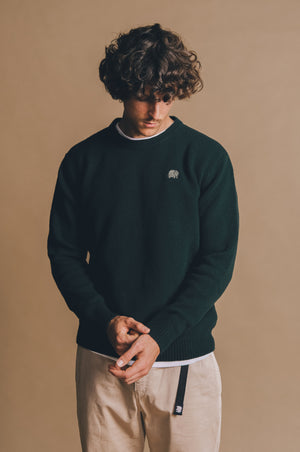 Persona che indossa un maglione Sella Knit verde pino con texture a coste, abbinato a pantaloni chiari, su uno sfondo neutro. | TP_IMAGE_TYPE=MODEL_FRONT