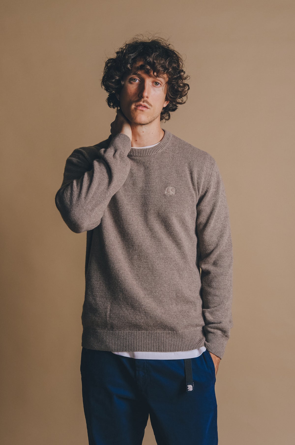Person wearing the Tarbena Knit Stone sweater, posing with a thoughtful expression against a neutral background. | TP_IMAGE_TYPE=MODEL_FRONT