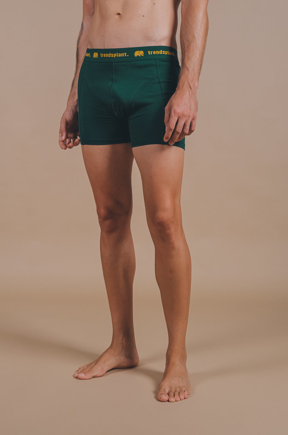 Persona che indossa Organic Essential Boxer Briefs in verde, vista frontale | TP_IMAGE_TYPE=MODEL_FRONT