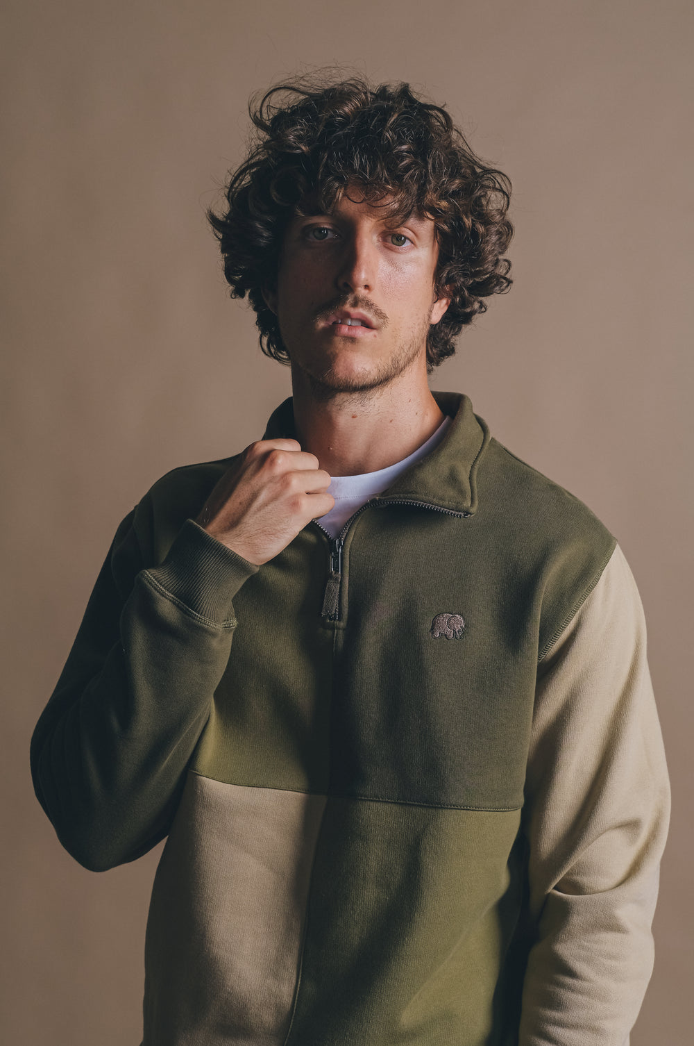 Personne portant un Color Block Half Zip Sweatshirt en Gothic Olive, vue de face | TP_IMAGE_TYPE=MODEL_FRONT