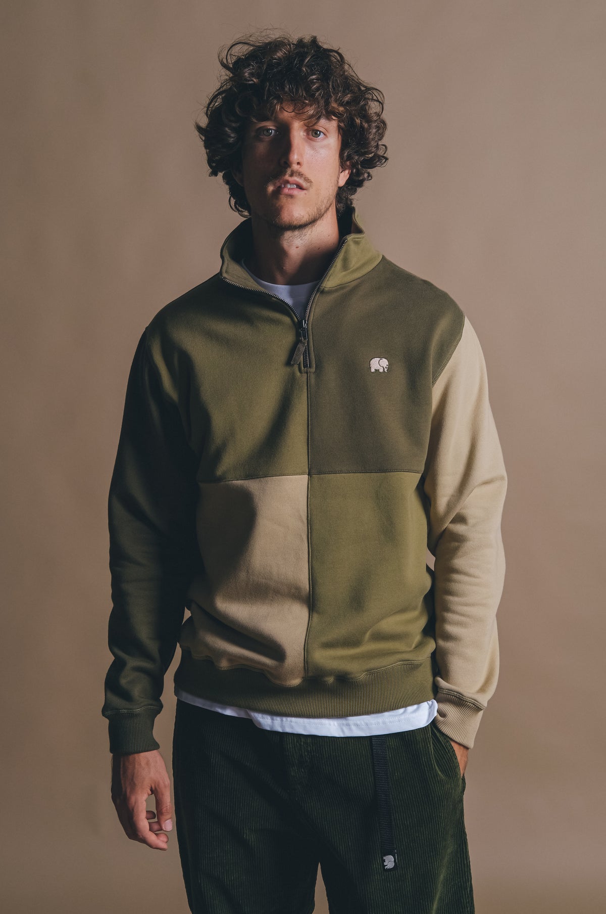 Personne portant un Color Block Half Zip Sweatshirt en Gothic Olive, vue de face | TP_IMAGE_TYPE=MODEL_FRONT